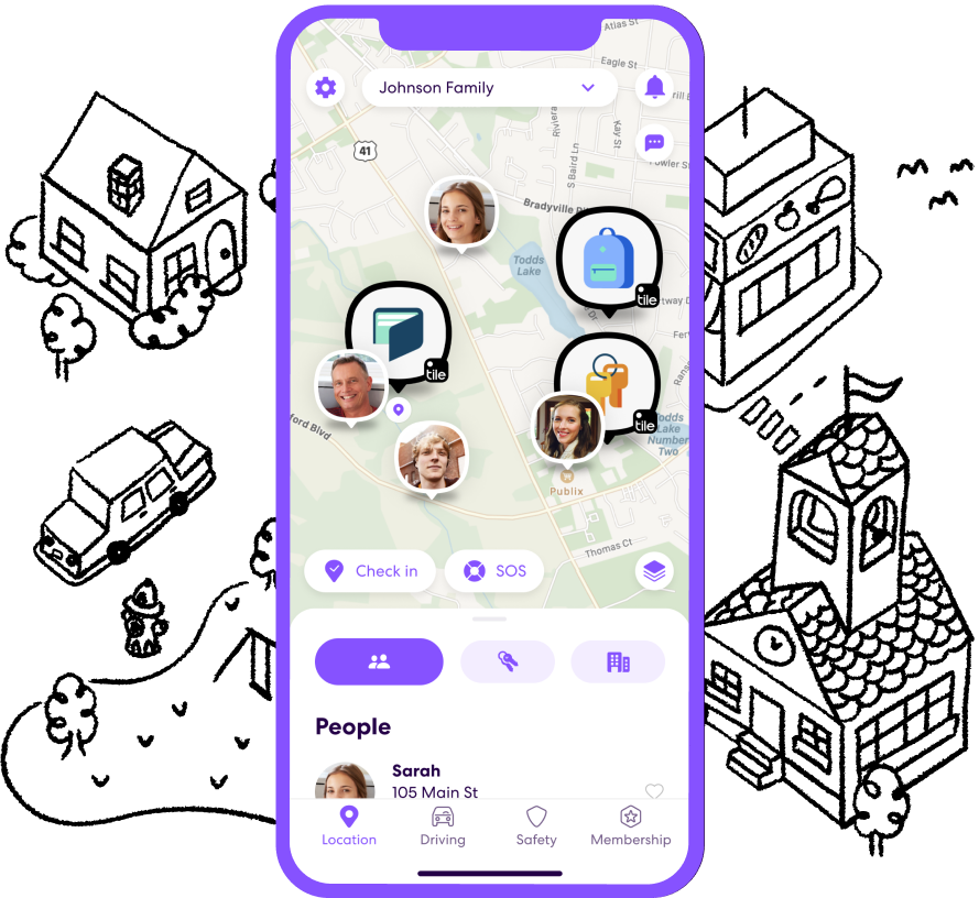 Phone in front of illustrated building showing Life360 app with people and items on the map