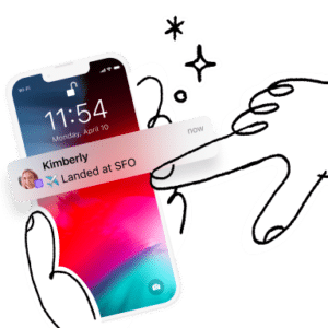 Illustrated hand holding. a smartphone with a Life360 landing notification on the screen.