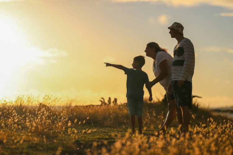 A family of three in a field during sunset. The child is pointing out to the sky.