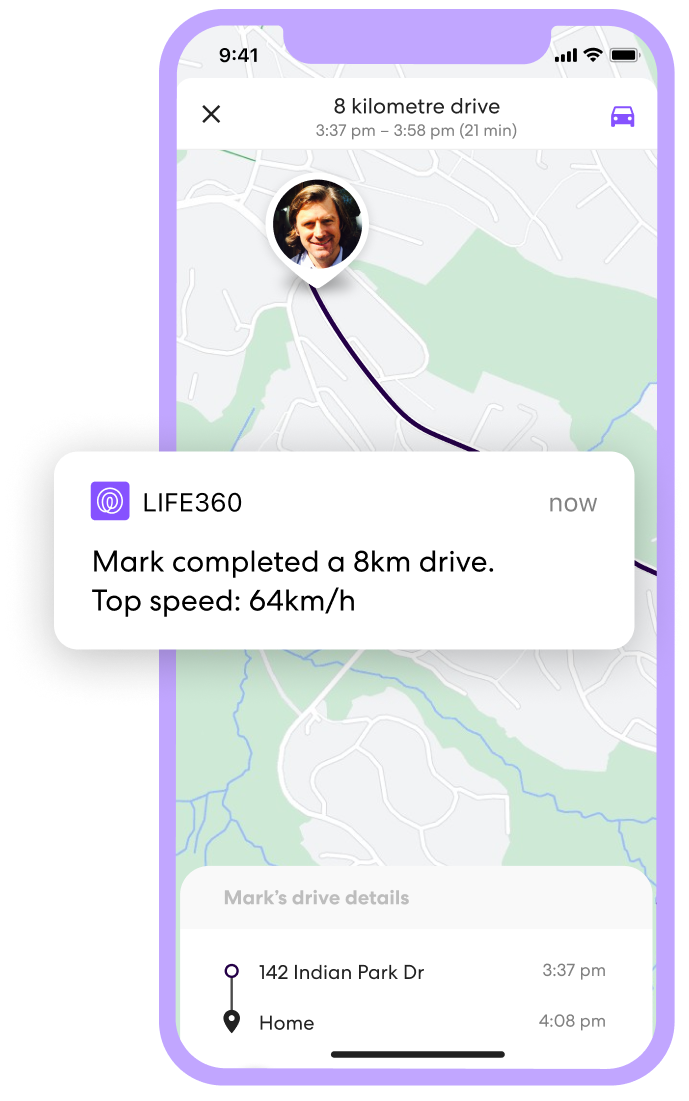 Life360 app open to driving map with a notification reading "mark completed a 50km drive. Top speed 96 km/h"